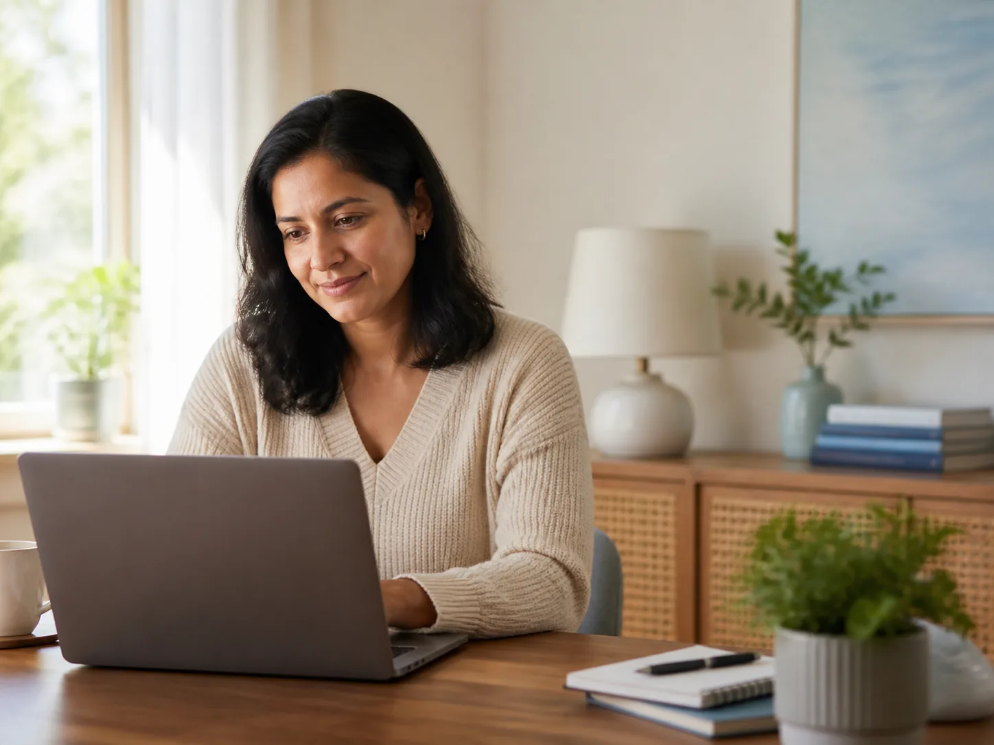 An adult meeting privately with a mental health provider by video call from a calm home workspace